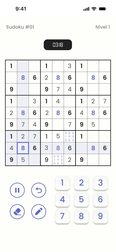Tablero de Sudoku Lite con una celda seleccionada, notas y los controles de juego