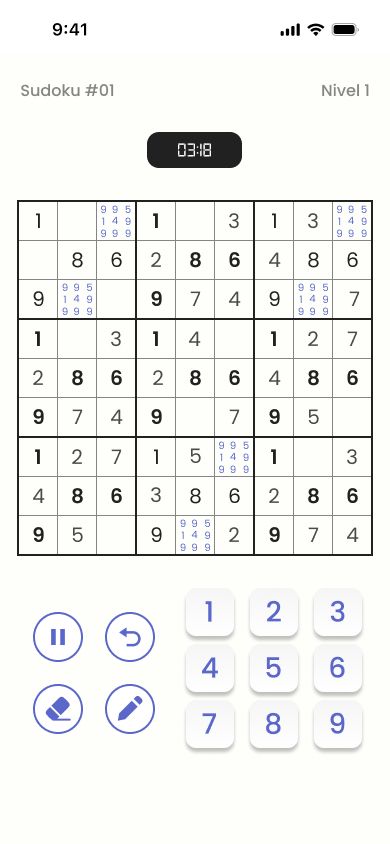 Board in play with entered numbers and notes